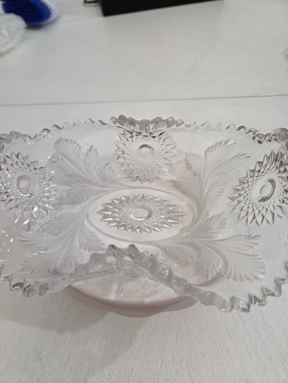 Vtg "Feather Pattern" Clear Glass Sawtooth Edge 1900's